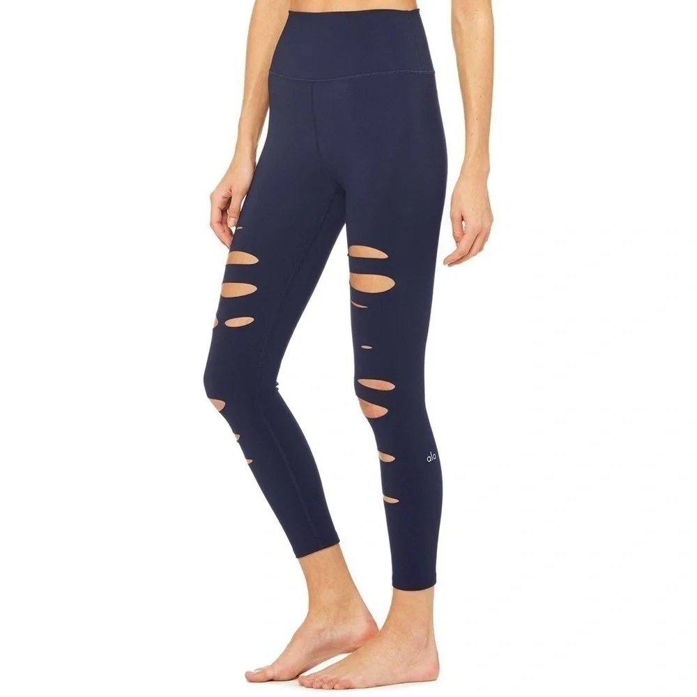 Alo Yoga High Waist Ripped Warrior Legging Navy Athleisure